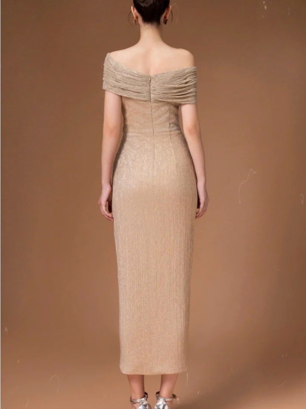 Hacchic Couture Off Shoulder Midi Dress In Nude, Champagne , Size 6 ( USA) - Picture 5 of 8